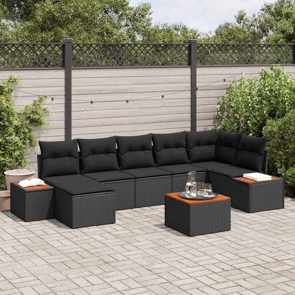 Conjunto de Sofá de Jardim com almofada 8 pcs Preto vime PE
