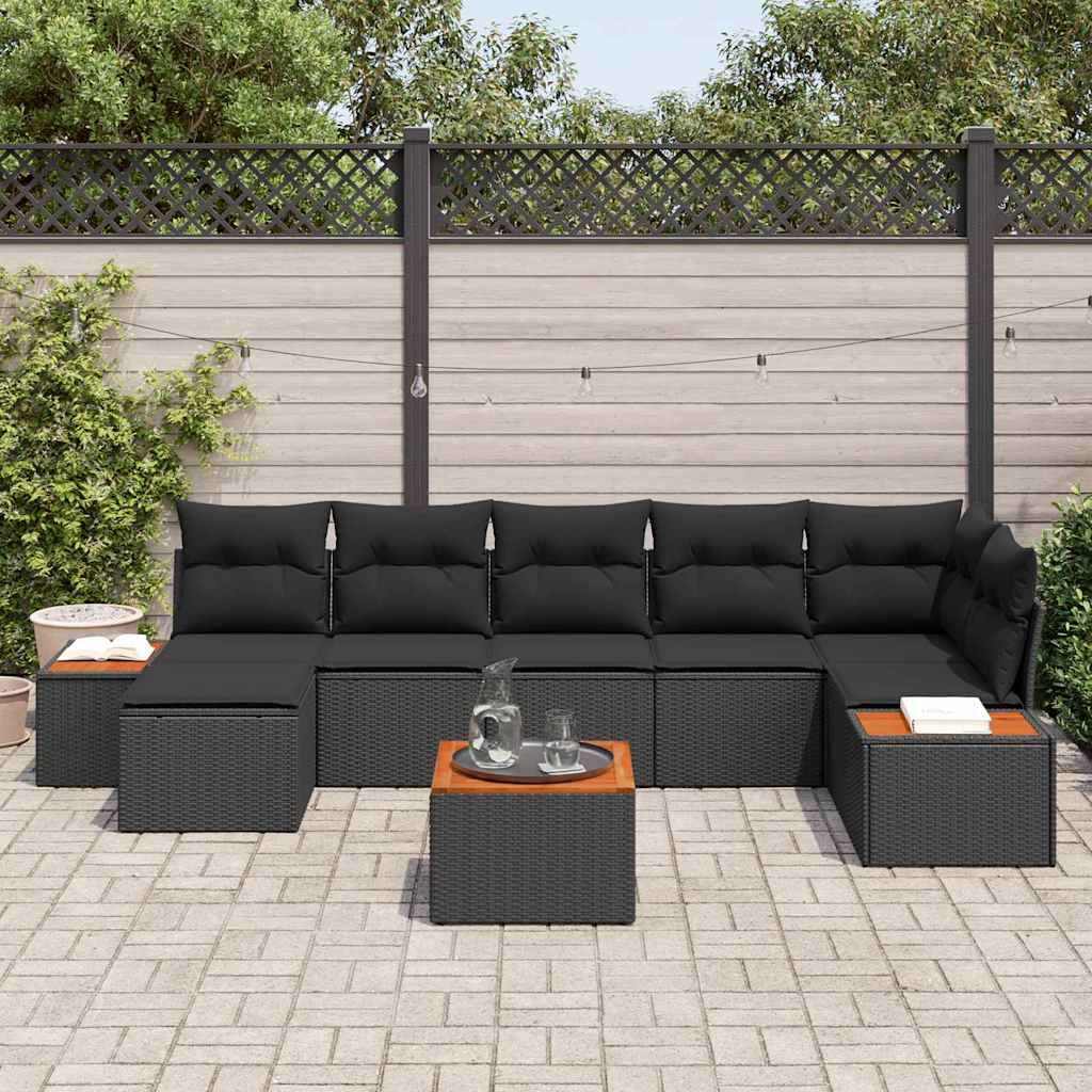 Conjunto de Sofá de Jardim com almofada 8 pcs Preto vime PE