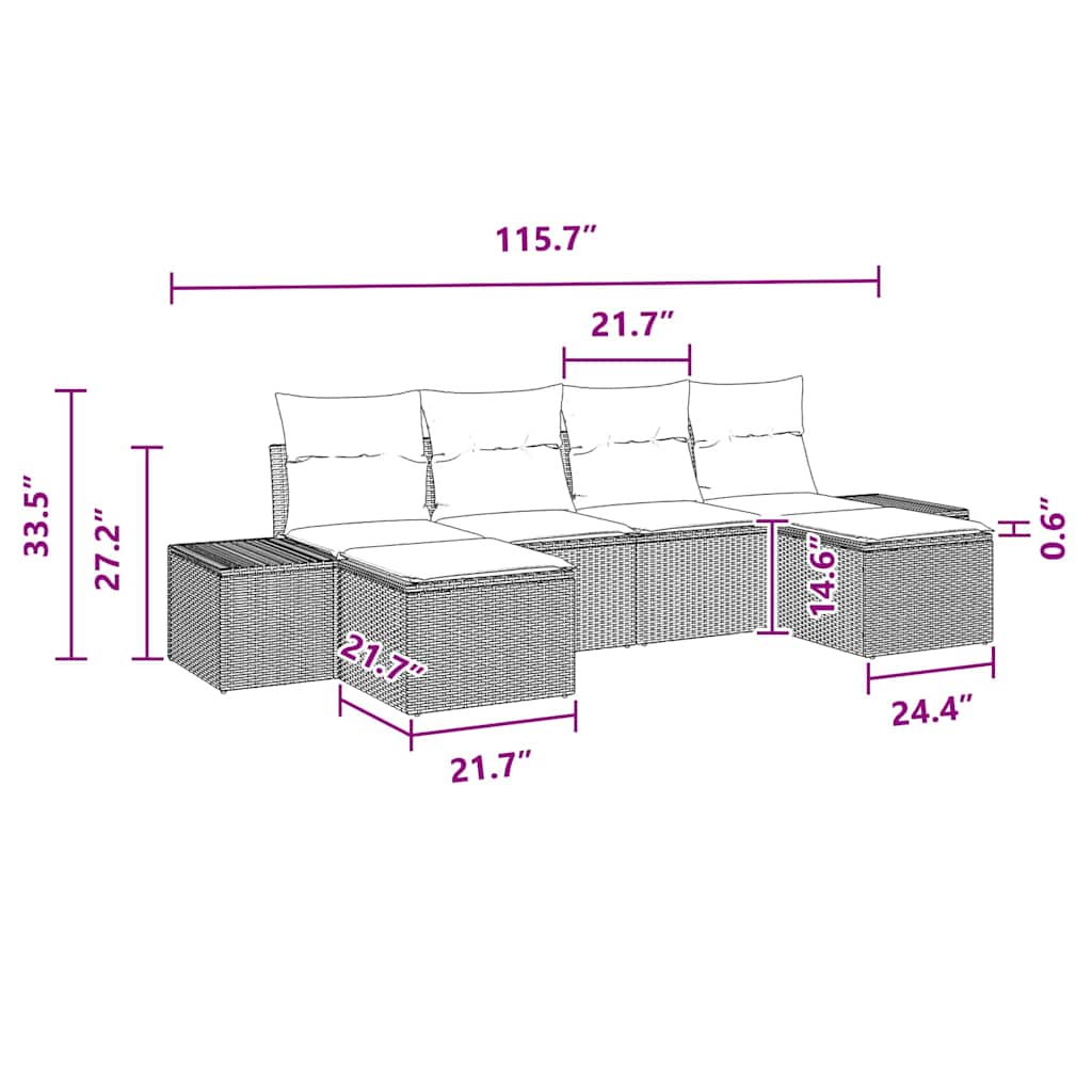 Conjunto de Sofá de Jardim com almofada 6 pcs Preto vime PE