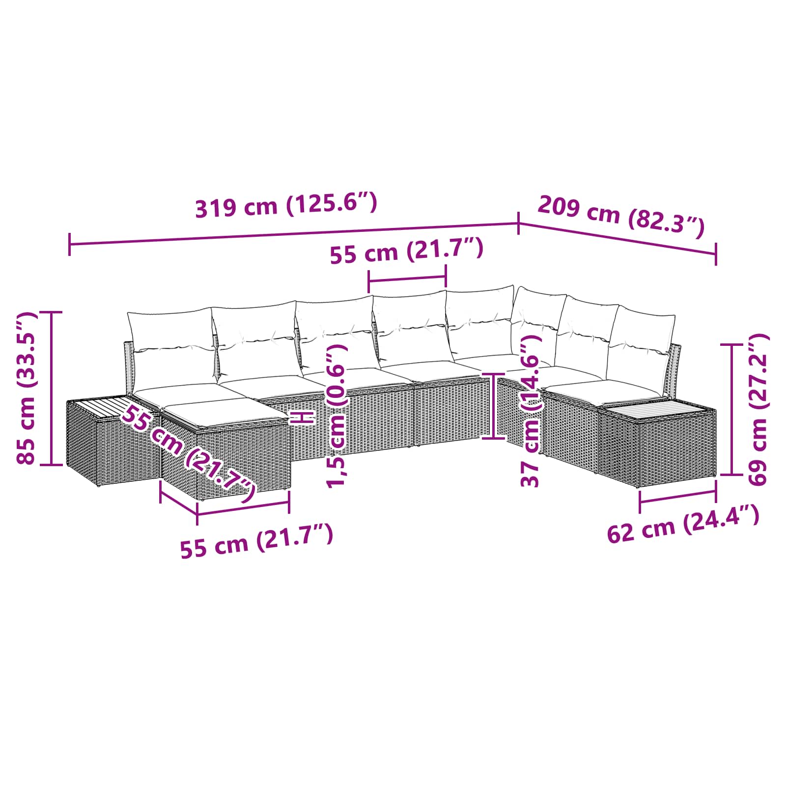 Conjunto de Sofá de Jardim com almofada 8 pcs Preto vime PE