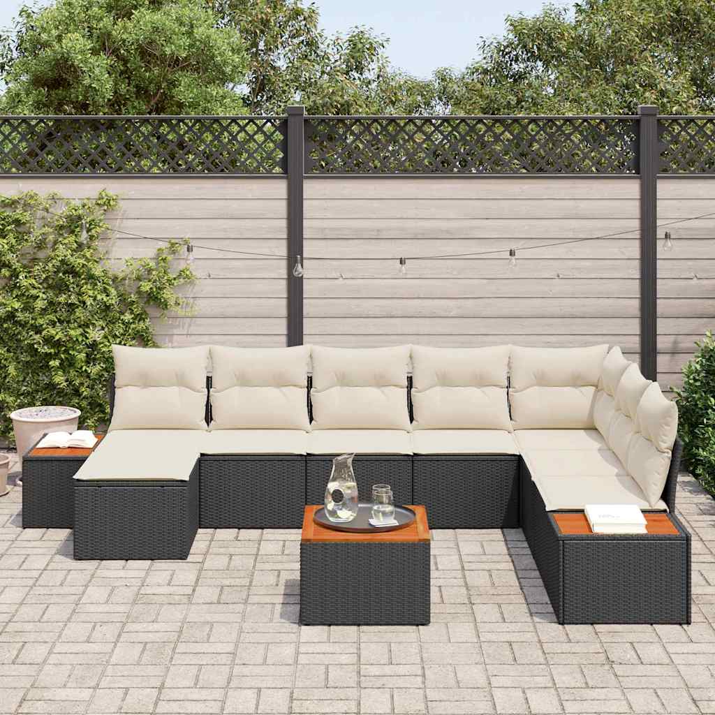 Conjunto de Sofá de Jardim com almofada 9 pcs Preto vime PE