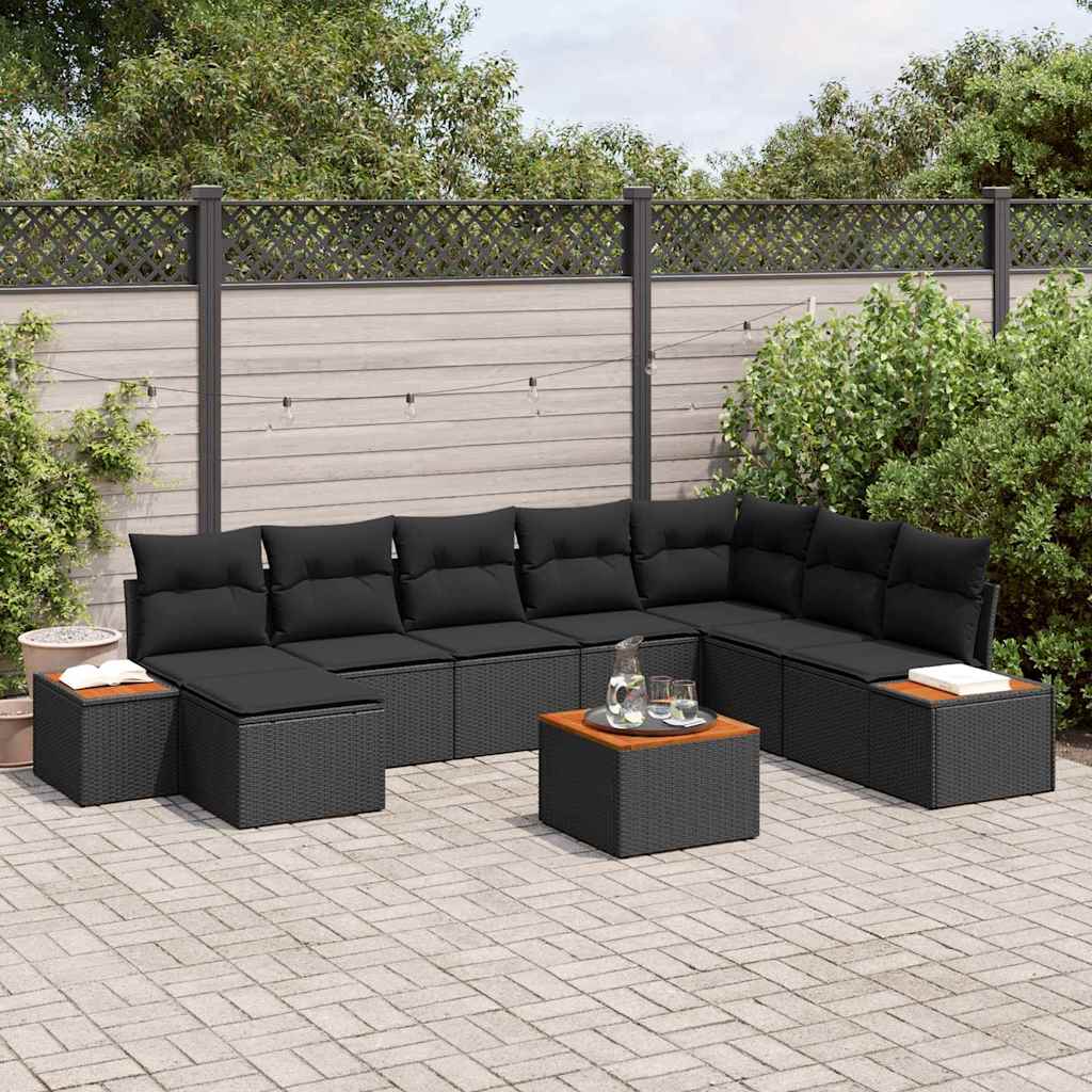 Conjunto de Sofá de Jardim com almofada 9 pcs Preto vime PE
