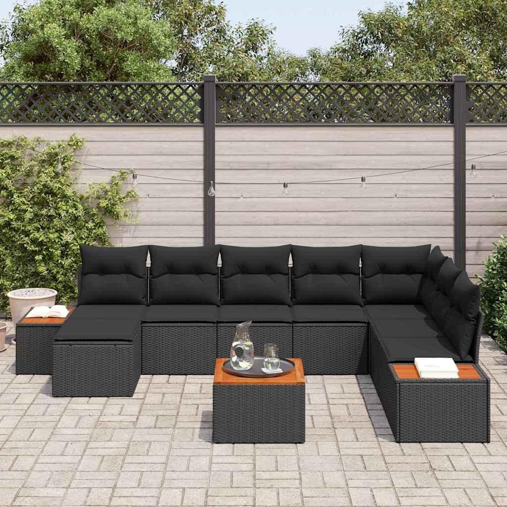 Conjunto de Sofá de Jardim com almofada 9 pcs Preto vime PE