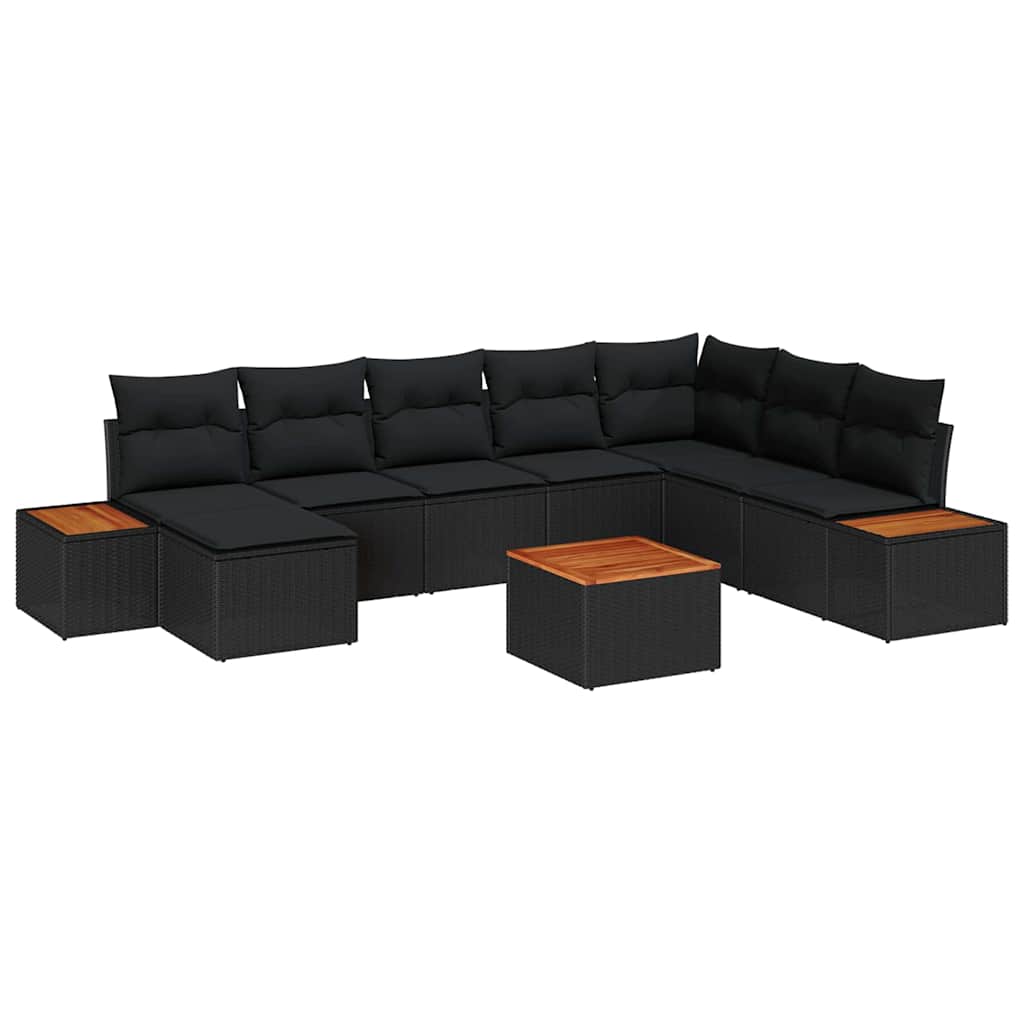 Conjunto de Sofá de Jardim com almofada 9 pcs Preto vime PE