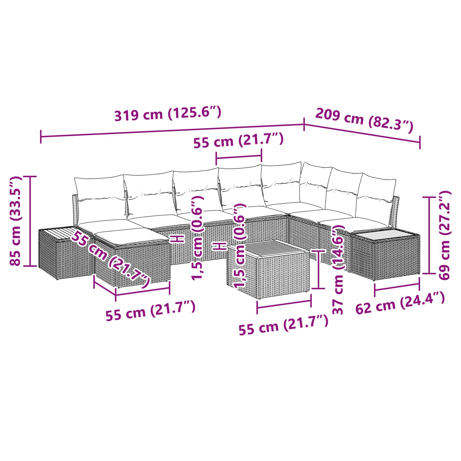 Conjunto de Sofá de Jardim com almofada 9 pcs Preto vime PE