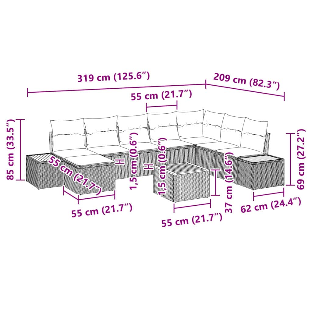 Conjunto de Sofá de Jardim com almofada 9 pcs Cinzeto vime PE