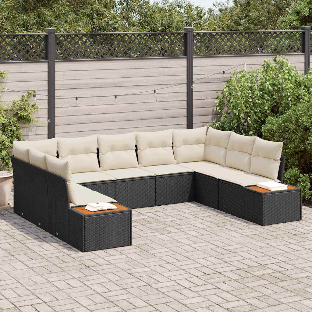 Conjunto de Sofá de Jardim com almofada 9 pcs Preto vime PE