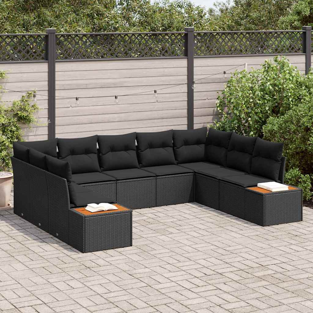 Conjunto de Sofá de Jardim com almofada 9 pcs Preto vime PE