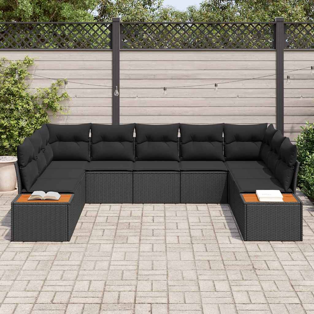 Conjunto de Sofá de Jardim com almofada 9 pcs Preto vime PE