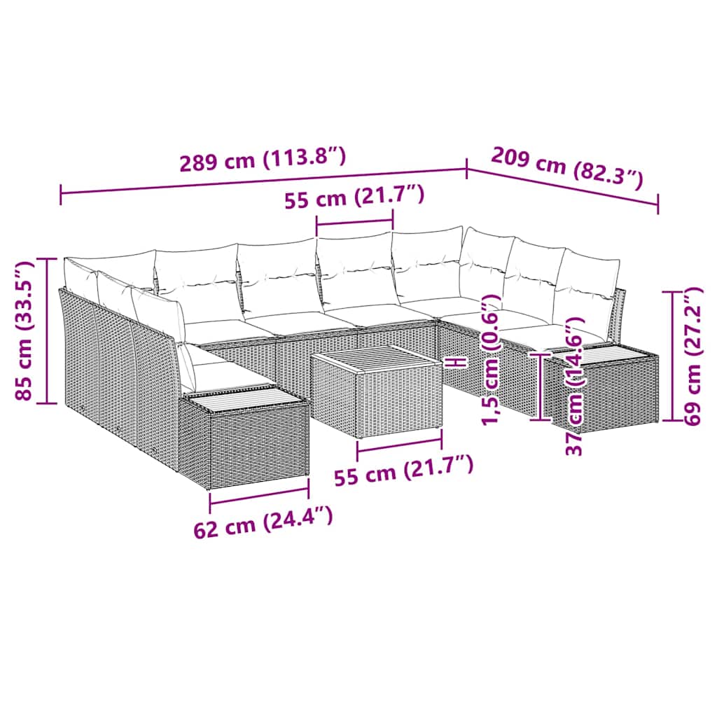 Conjunto de Sofá de Jardim com almofada 10 pcs Preto vime PE