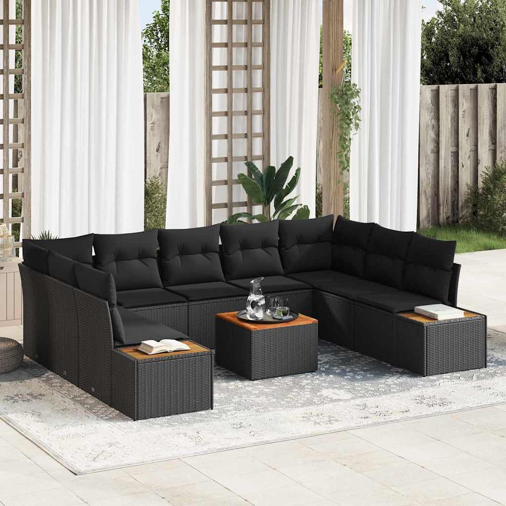 Conjunto de Sofá de Jardim com almofada 10 pcs Preto vime PE