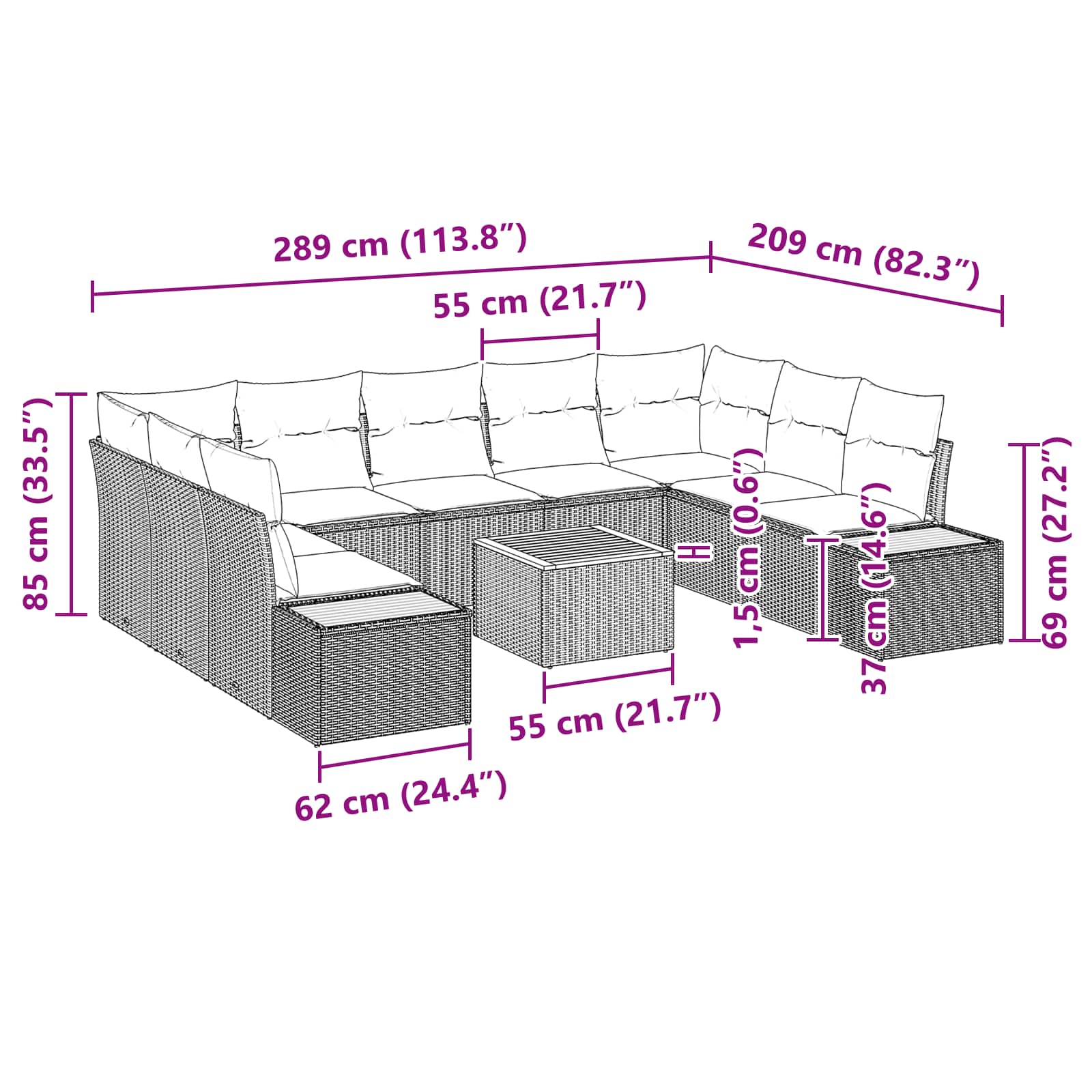 Conjunto de Sofá de Jardim com almofada 10 pcs Preto vime PE