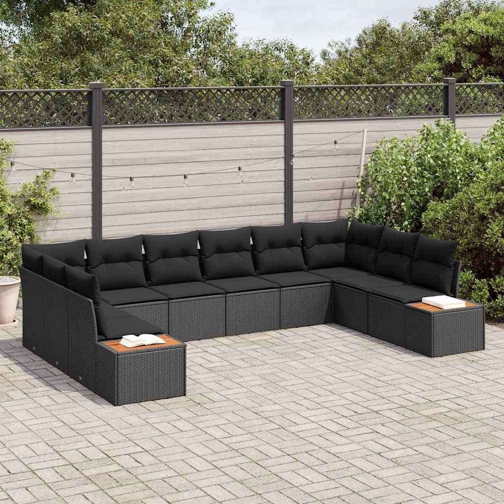 Conjunto de Sofá de Jardim com almofada 10 pcs Preto vime PE