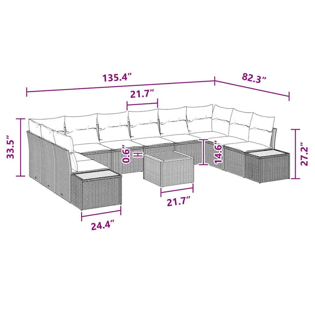 Conjunto de Sofá de Jardim com almofada 11 pcs Preto vime PE