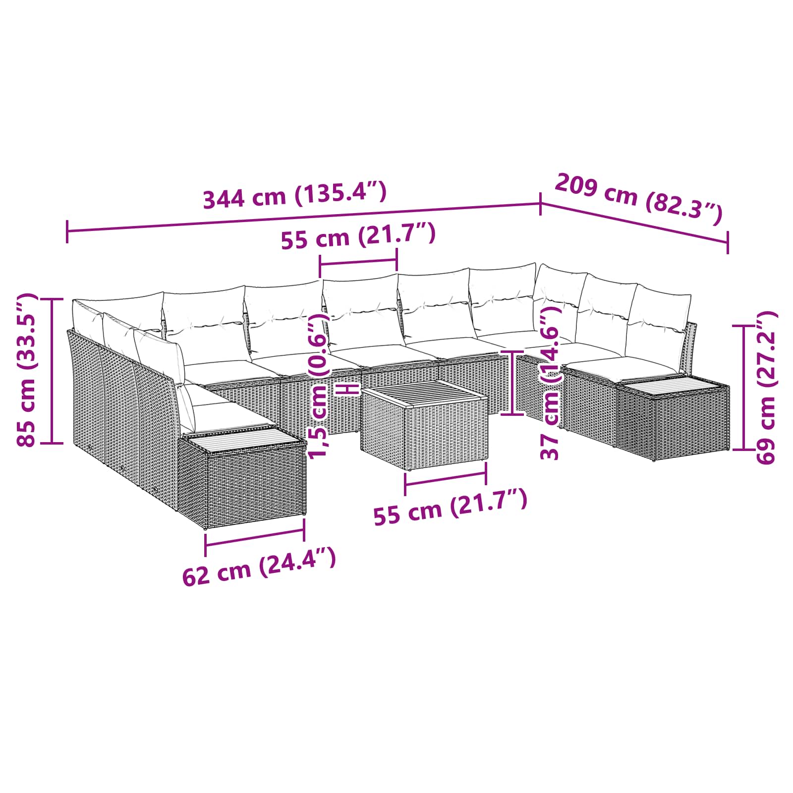 Conjunto de Sofá de Jardim com almofada 11 pcs Preto vime PE