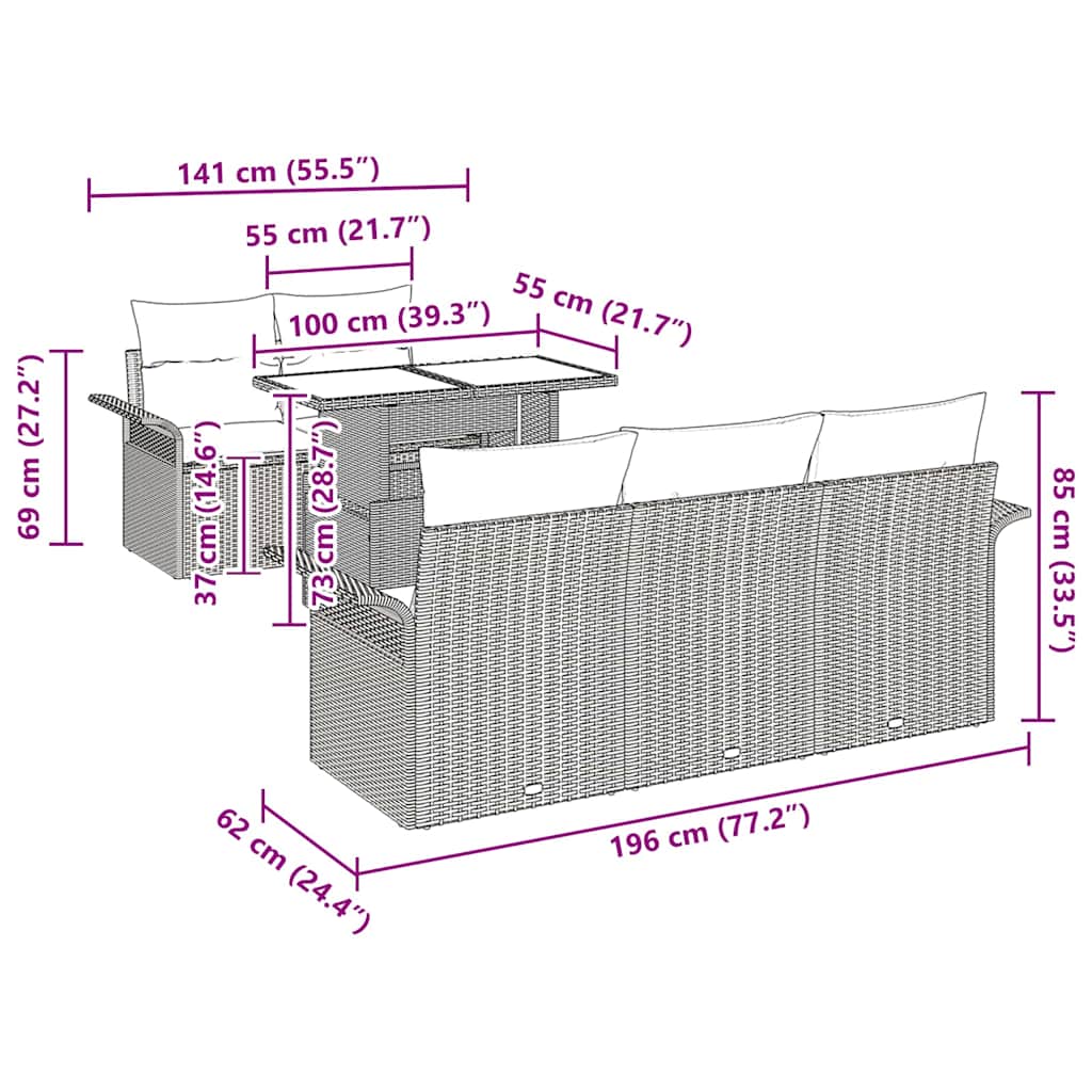 Conjunto de Sofá de Jardim com almofada 6 pcs Cinzeto vime PE