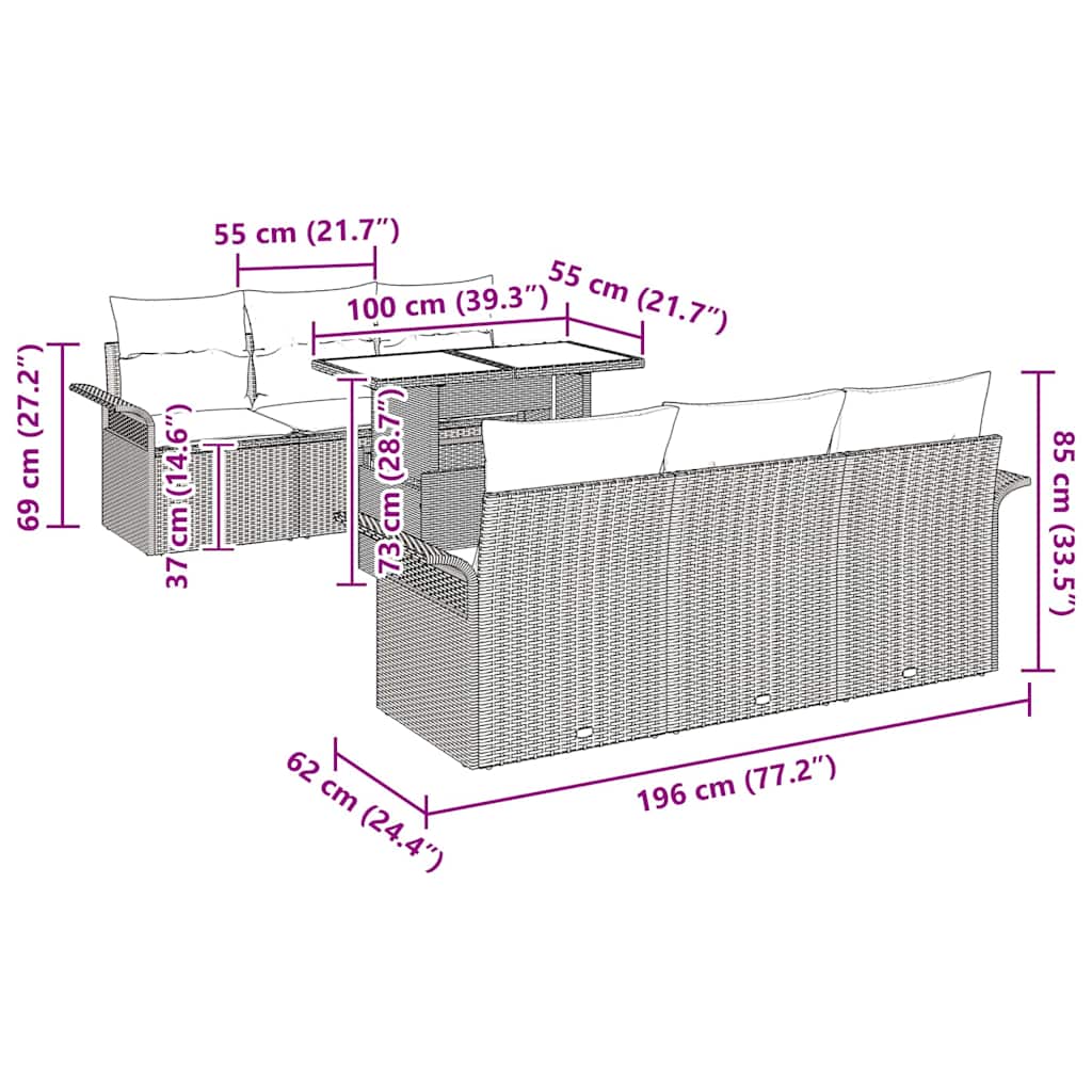Conjunto de Sofá de Jardim com almofada 7 pcs Bege vime PE