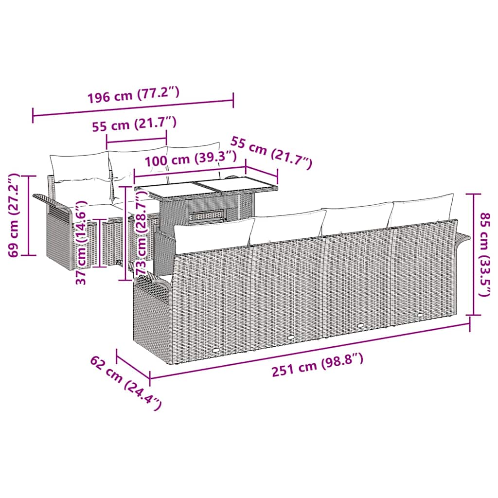 Conjunto de Sofá de Jardim com almofada 8 pcs Cinzeto vime PE
