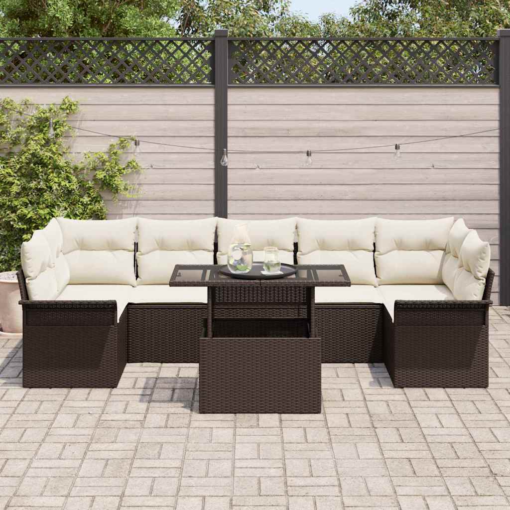 Conjunto de Sofá de Jardim com almofada 8 pcs Castanho vime PE