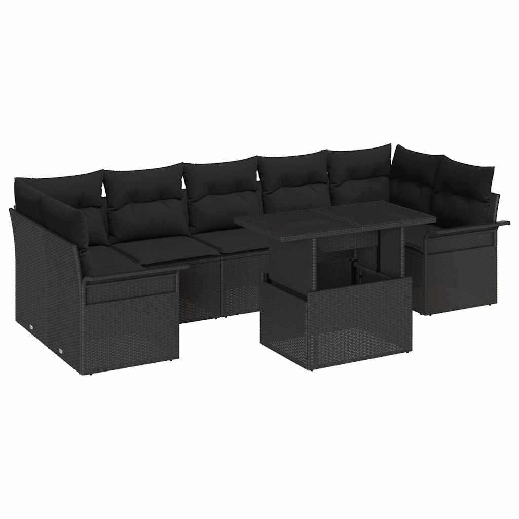 Conjunto de Sofá de Jardim com almofada 8 pcs Preto vime PE