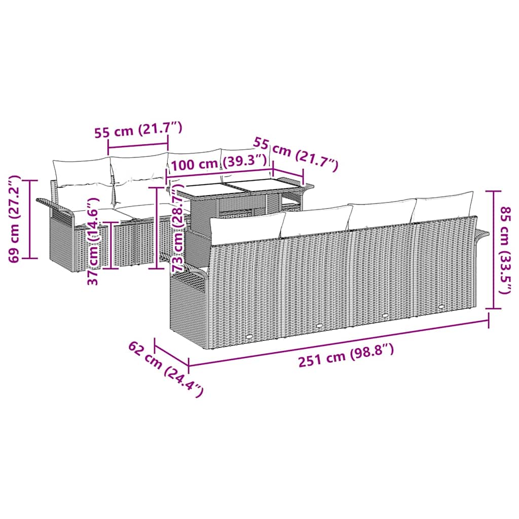Conjunto de Sofá de Jardim com almofada 9 pcs Bege vime PE