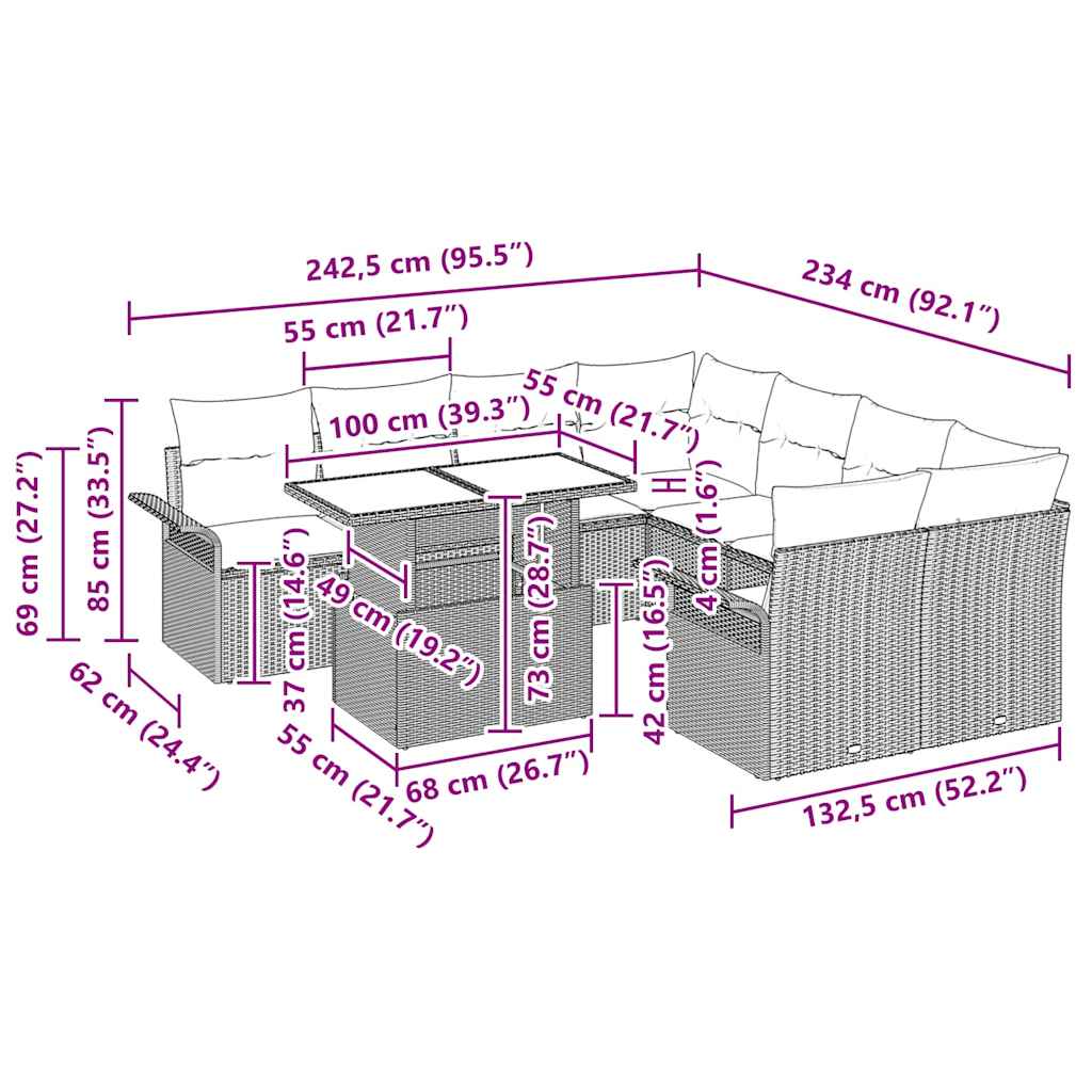 Conjunto de Sofá de Jardim 9 pcs Bege Rattan Sintético