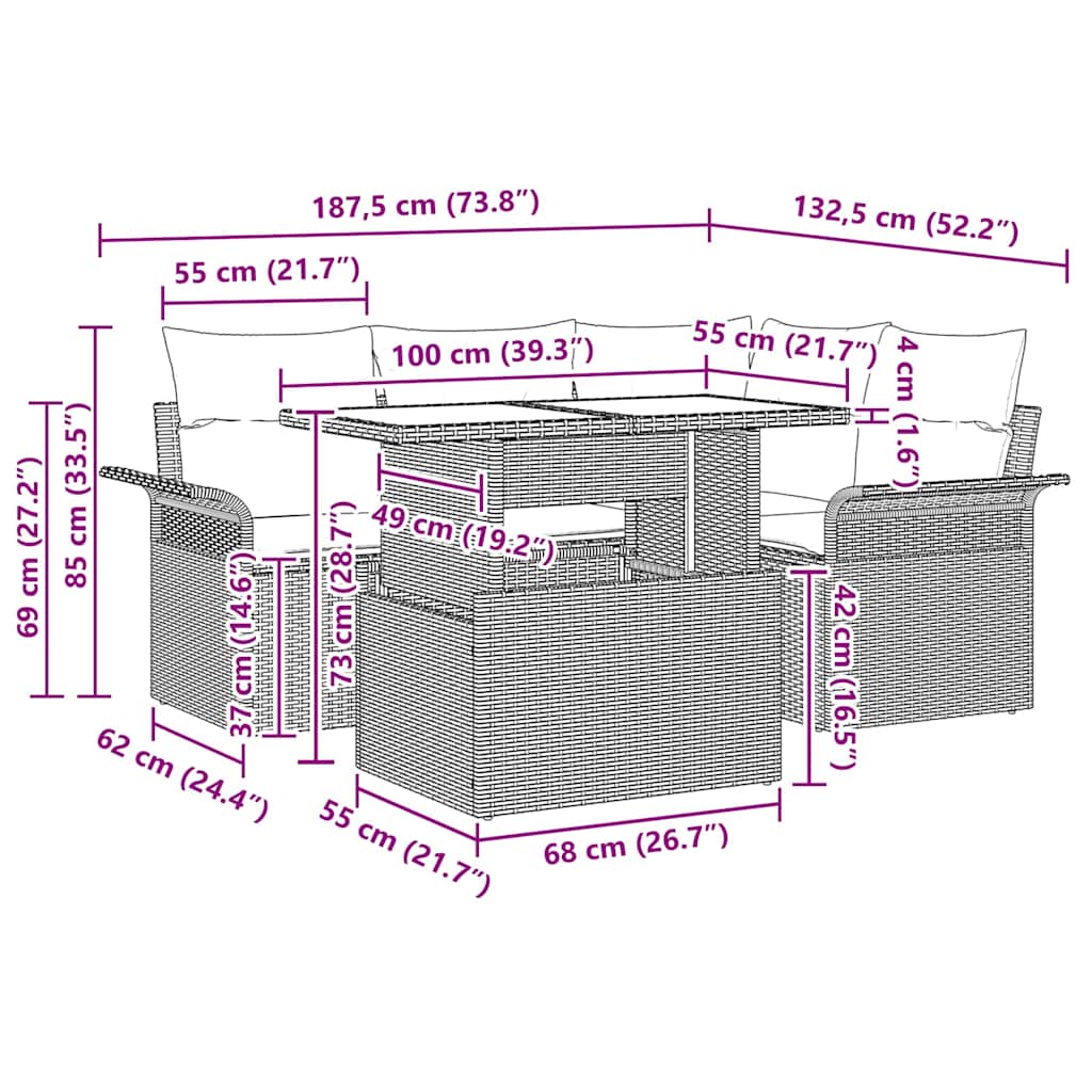Conjunto de Sofá de Jardim 5 pcs Bege Rattan Sintético