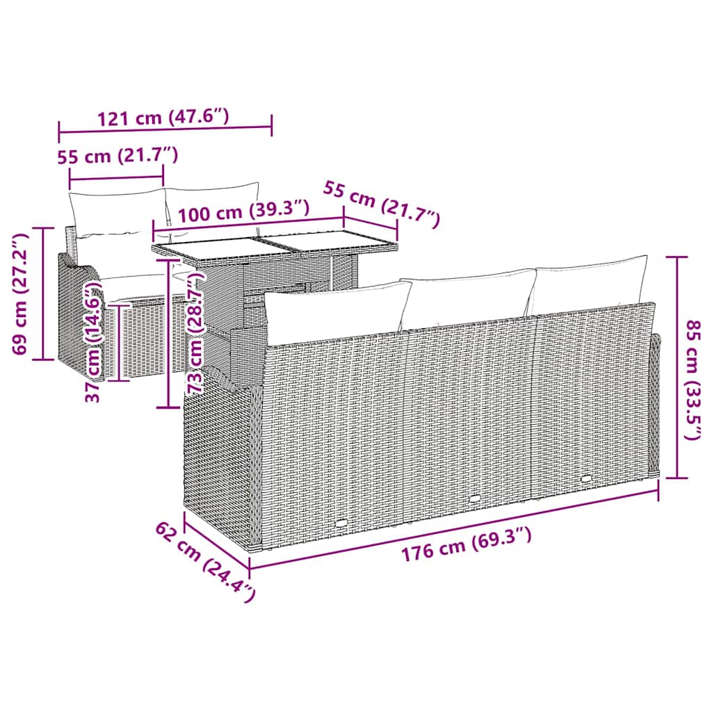 Conjunto de Sofá de Jardim 6 pcs Cinzento-claro vime PE