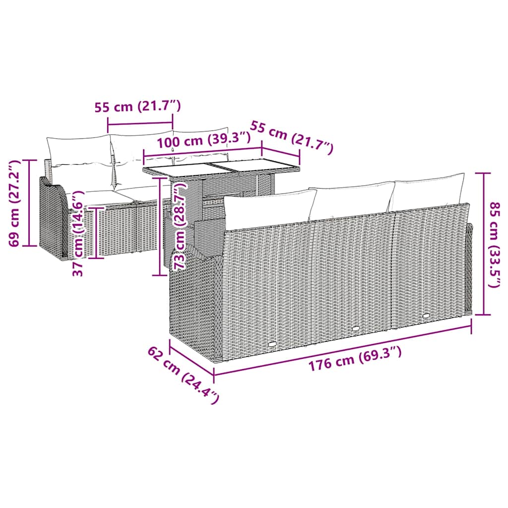 Conjunto de Sofá de Jardim com almofada 7 pcs Cinzento-claro