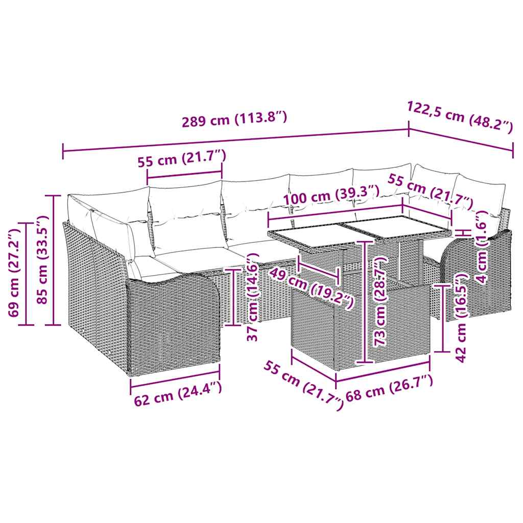 Conjunto de Sofá de Jardim com almofada 8 pcs Cinzeto vime PE