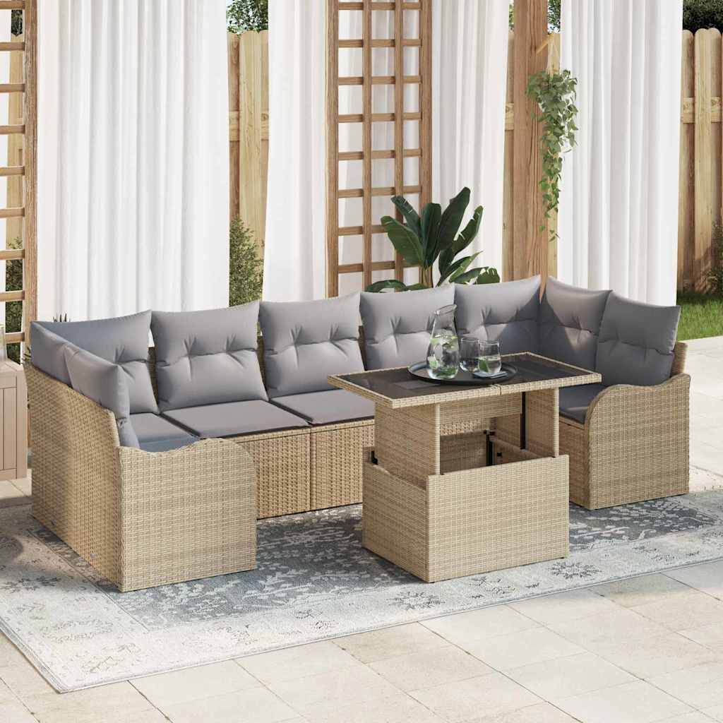 Conjunto de Sofá de Jardim com almofada 8 pcs Bege vime PE