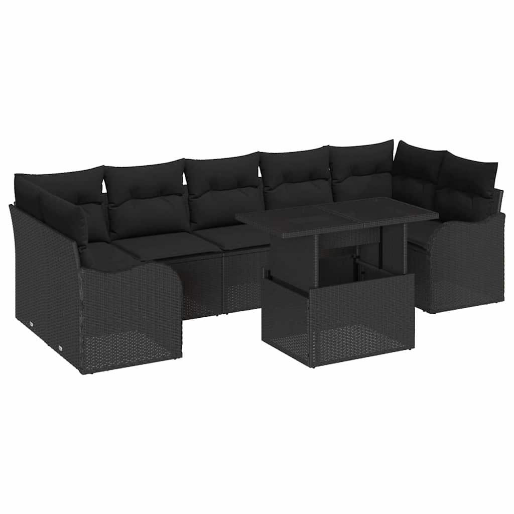 Conjunto de Sofá de Jardim com almofada 8 pcs Preto vime PE