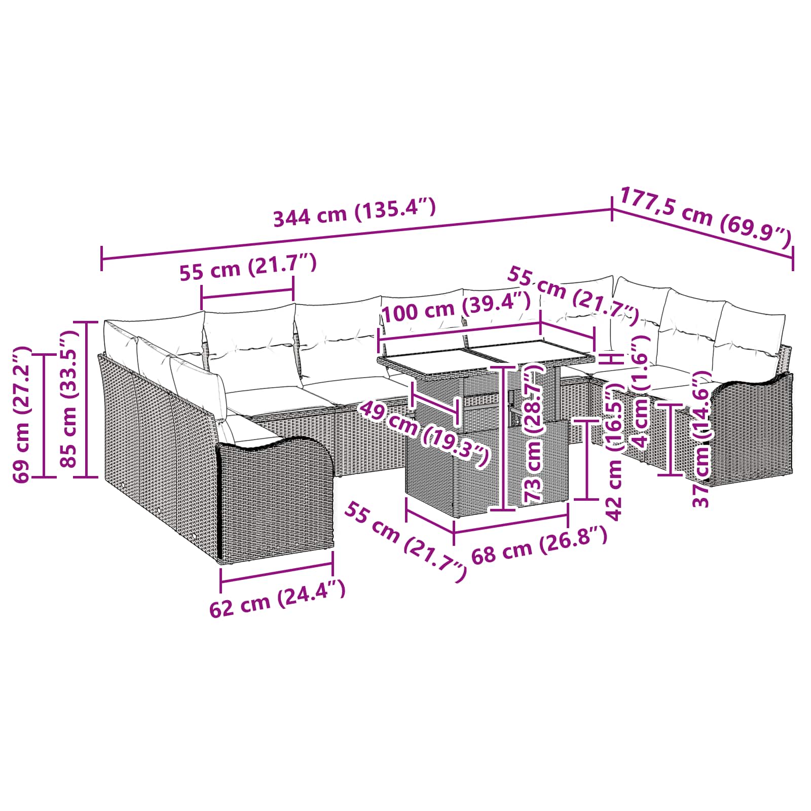 Conjunto de Sofá de Jardim 11 pcs Castanho Rattan Sintético