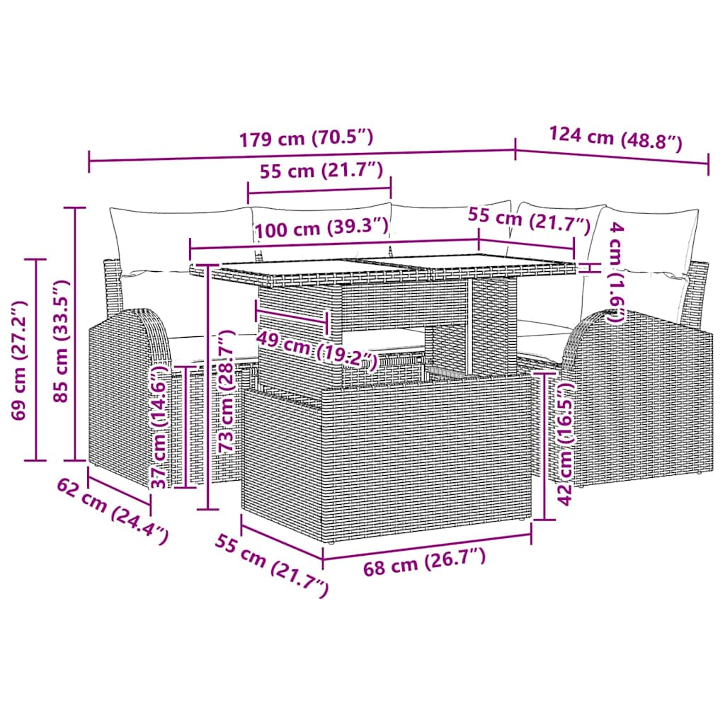 Conjunto de Sofá de Jardim com almofada 5 pcs Bege vime PE