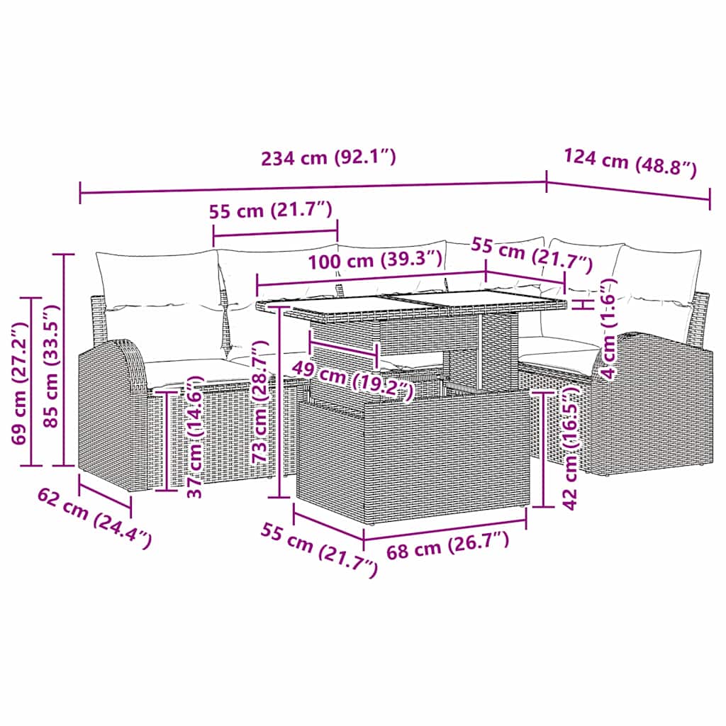 Conjunto de Sofá de Jardim 6 pcs Marrom e Creme vime PE