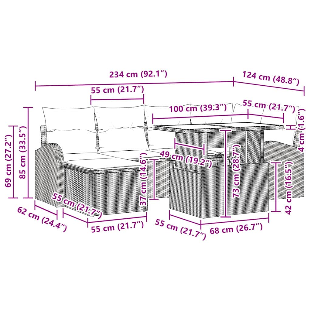 Conjunto de Sofá de Jardim com almofada 7 pcs Preto
