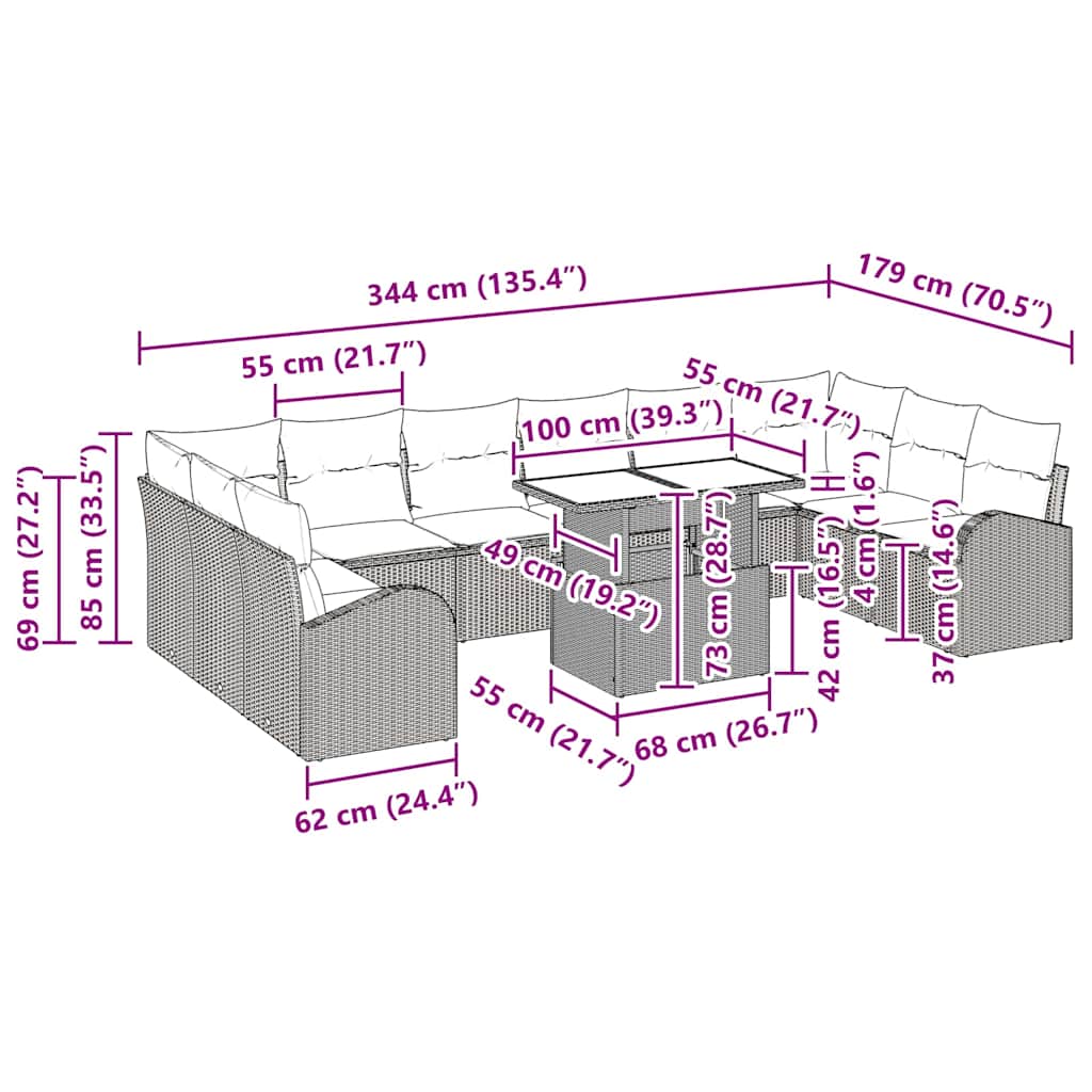 Conjunto de Sofá de Jardim 11 pcs Cinzento-claro vime PE