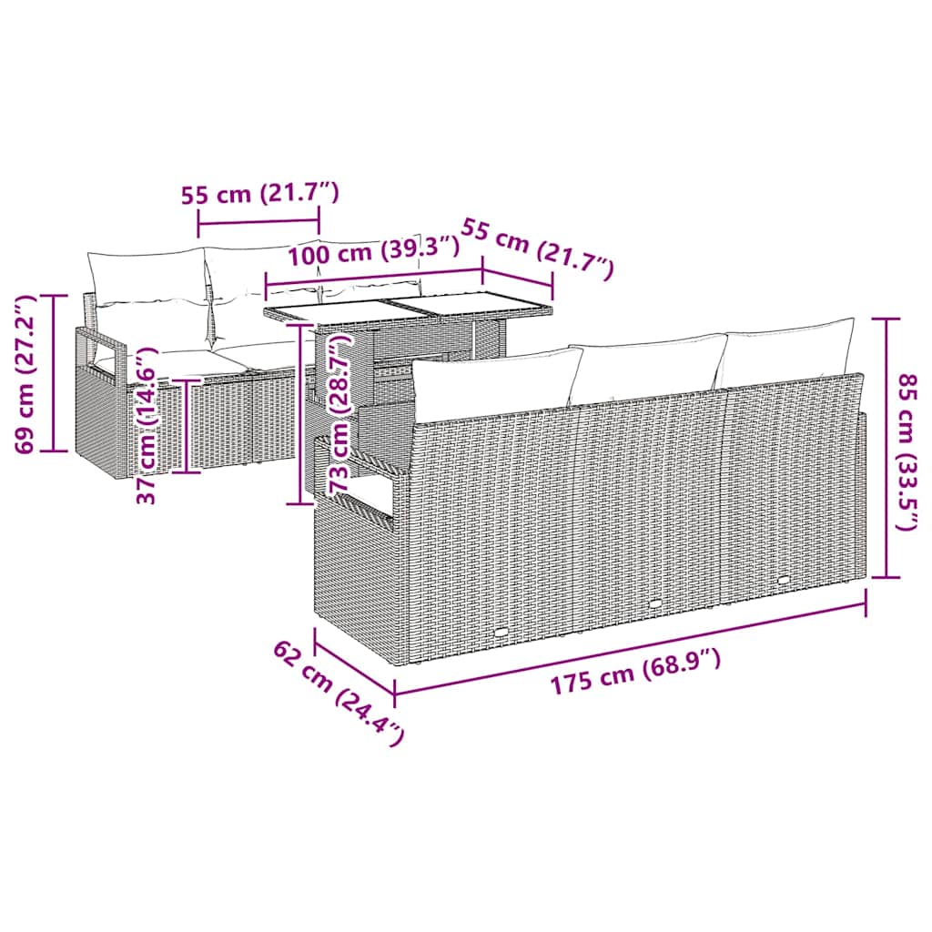 Conjunto de Sofá de Jardim 7 pcs Bege e Cinza Claro vime PE