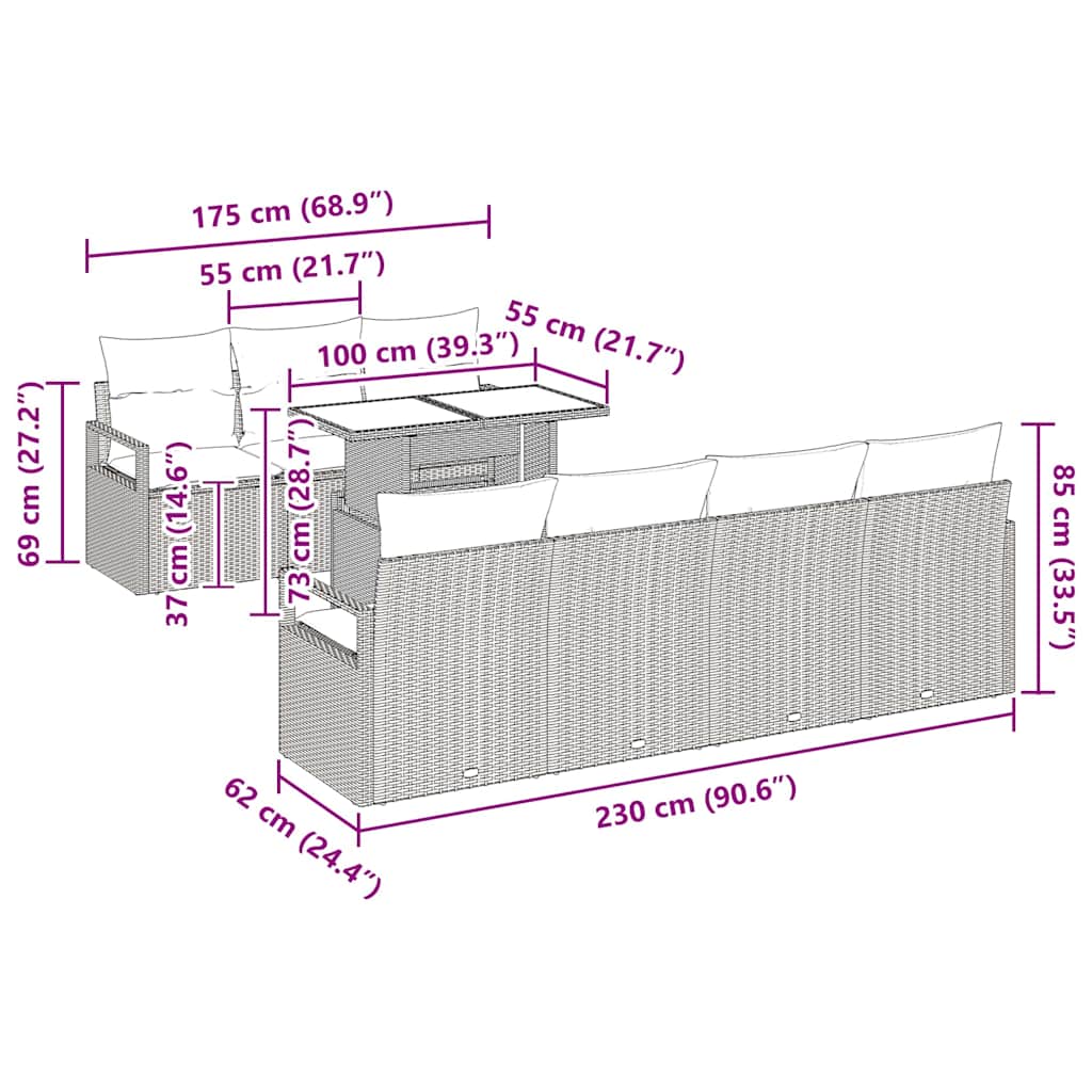 Conjunto de Sofá de Jardim 8 pcs Bege e Cinza Claro vime PE