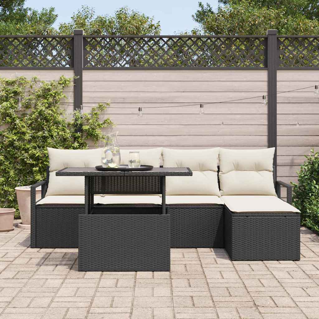 Conjunto de Sofá de Jardim 6 pcs Preto e Creme vime PE