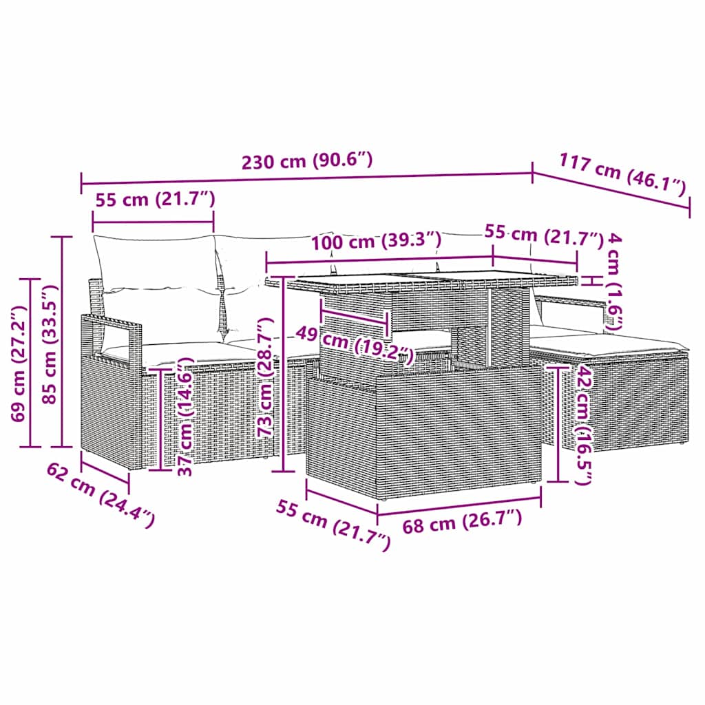 Conjunto de Sofá de Jardim com almofada 6 pcs Preto vime PE