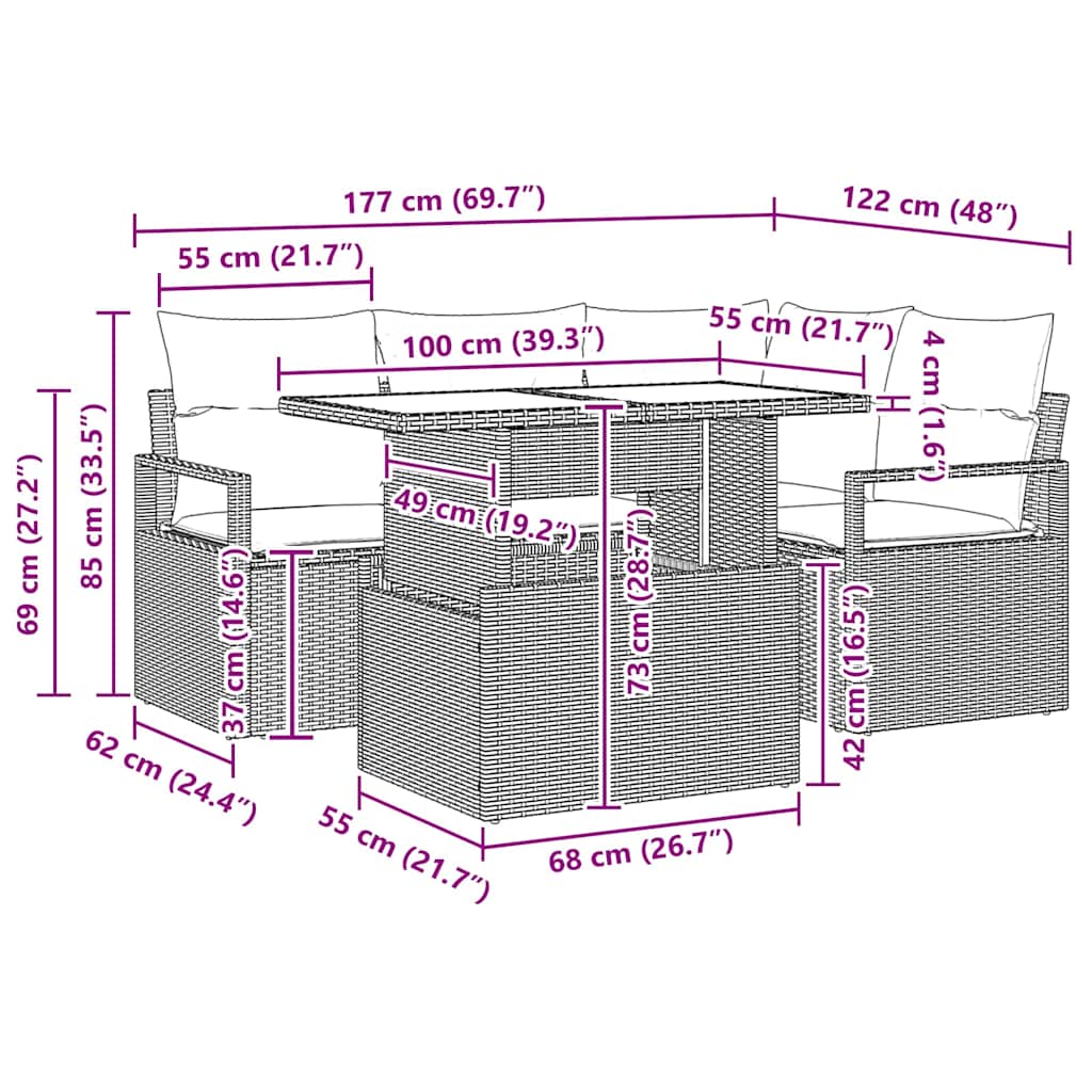 Conjunto de Sofá de Jardim 5 pcs Marrom e Creme vime PE