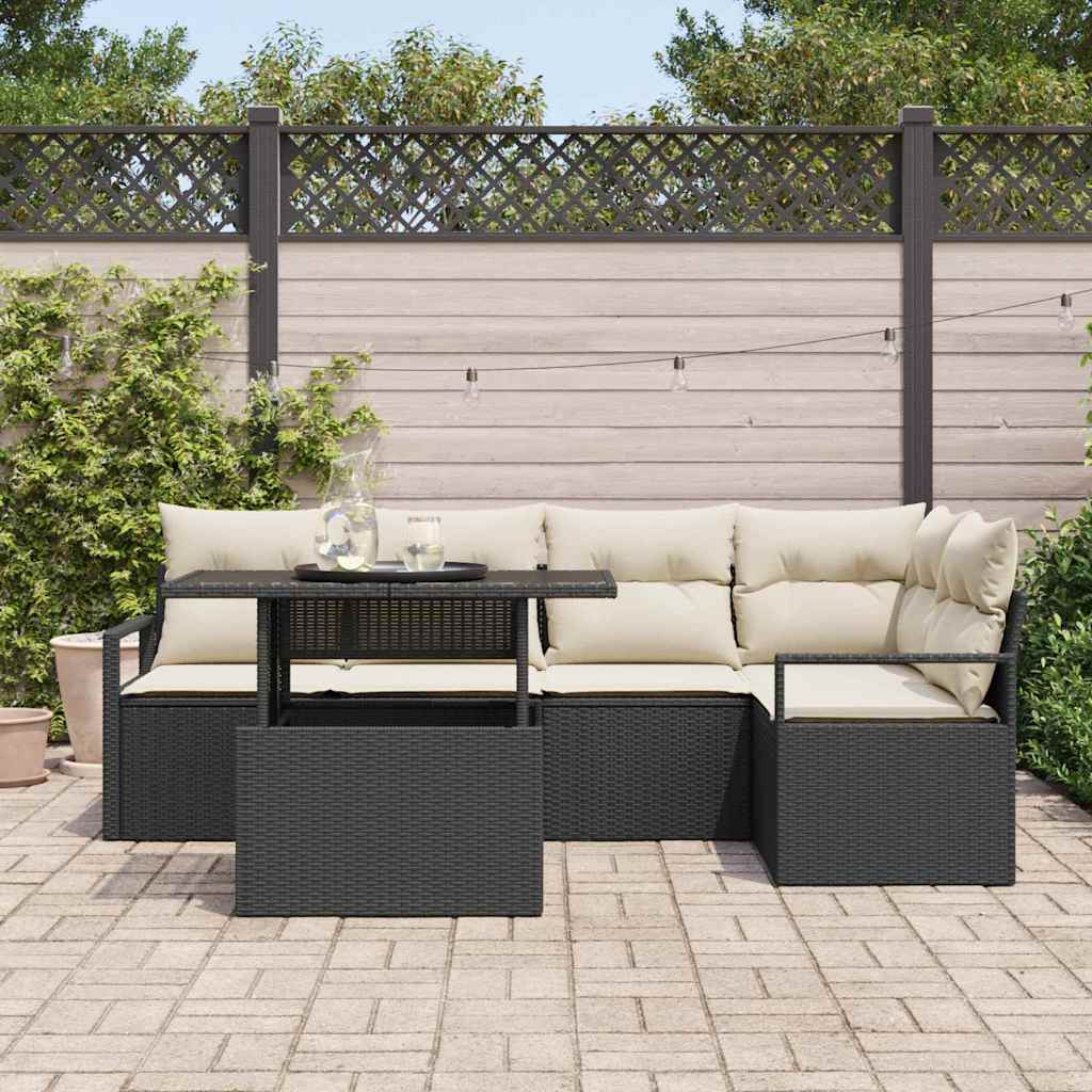 Conjunto de Sofá de Jardim 6 pcs Preto e Creme vime PE