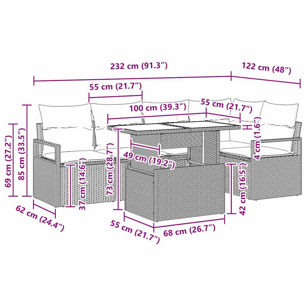 Conjunto de Sofá de Jardim 6 pcs Preto e Creme vime PE