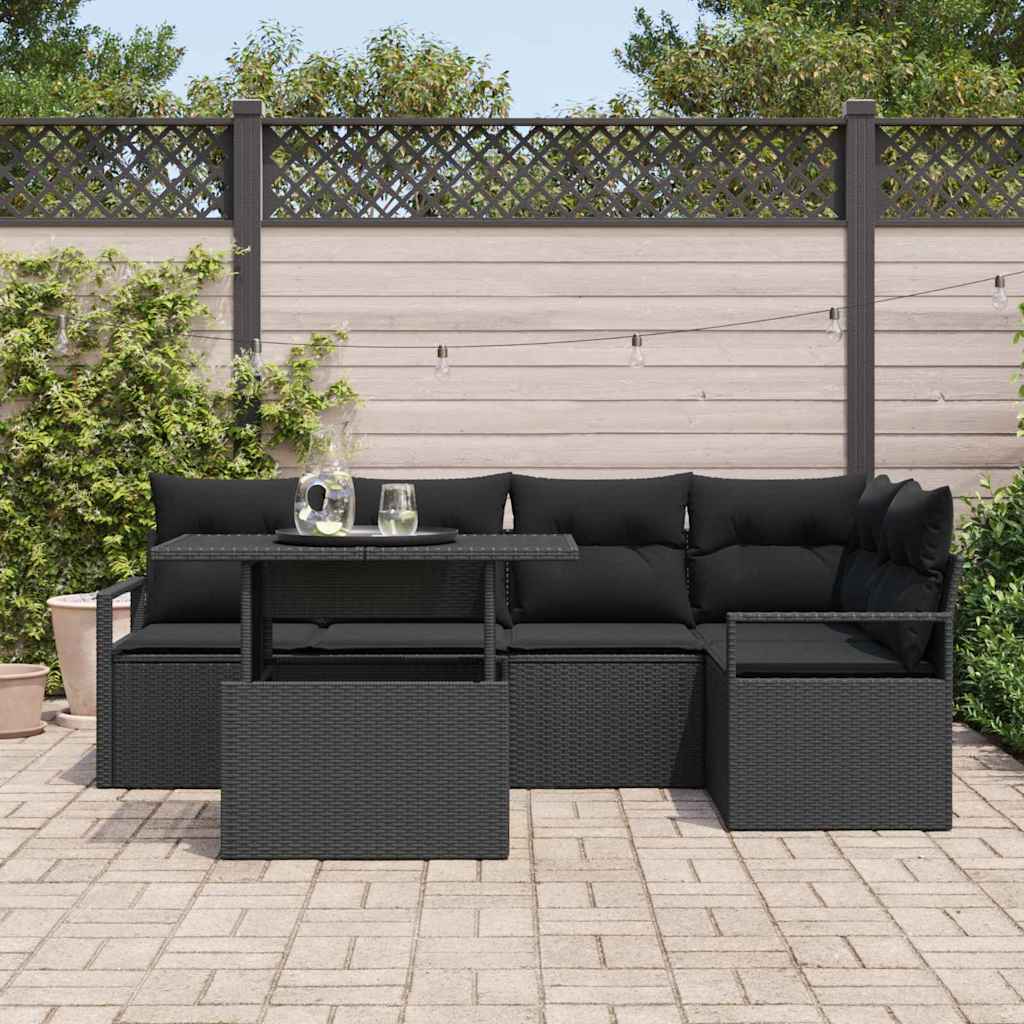 Conjunto de Sofá de Jardim com almofada 6 pcs Preto vime PE