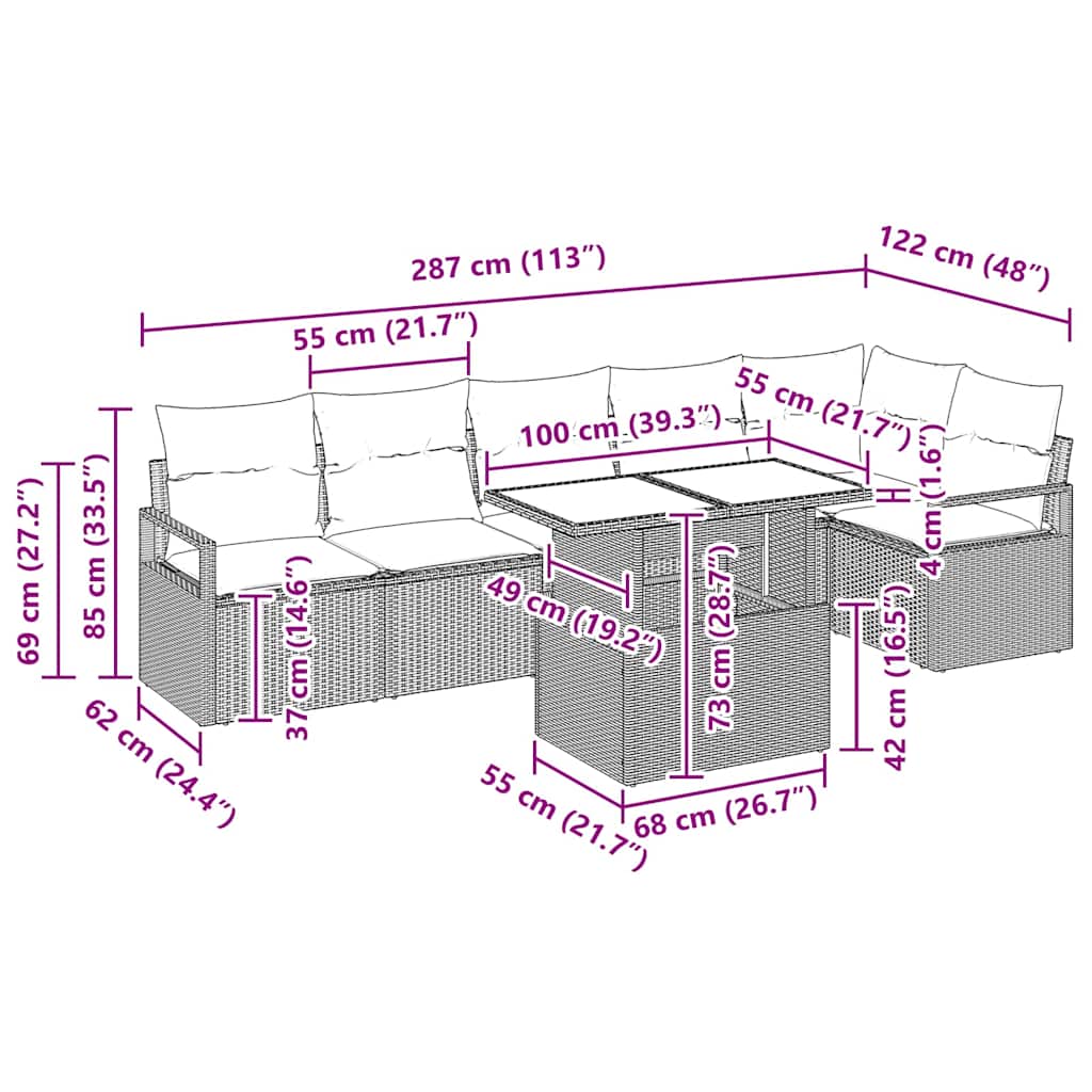 Conjunto de Sofá de Jardim 7 pcs Cinzento-claro vime PE