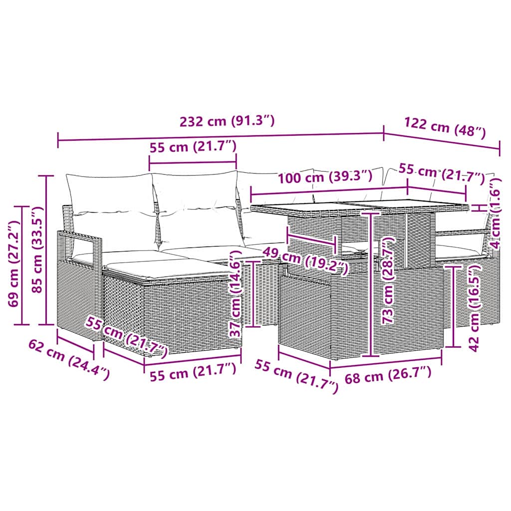Conjunto de Sofá de Jardim com almofada 7 pcs Preto