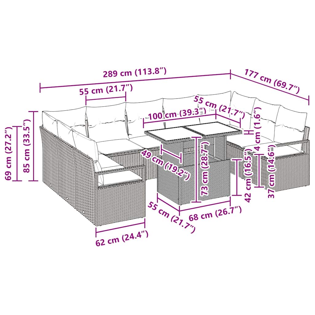 Conjunto de Sofá de Jardim 10 pcs Cinzento-claro vime PE