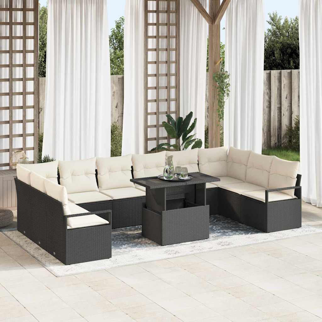 Conjunto de Sofá de Jardim 11 pcs Preto e creme vime PE