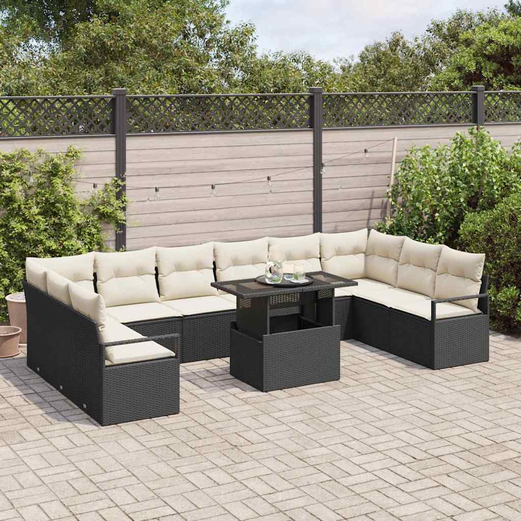 Conjunto de Sofá de Jardim 11 pcs Preto e creme vime PE